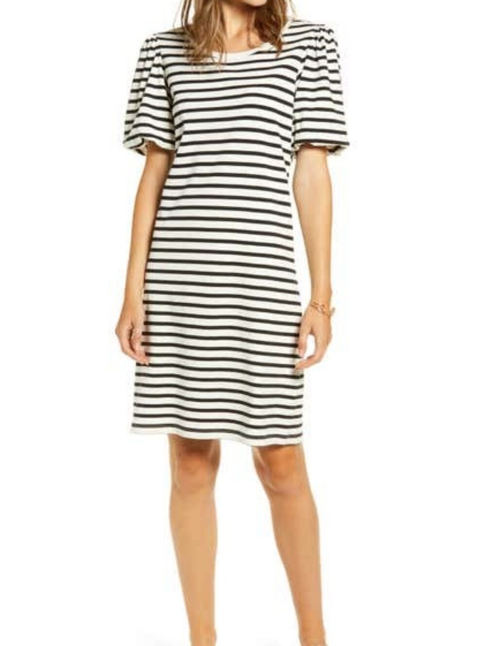 Rachel Parcell - Black White Striped Short Puff Sleeve T-Shirt Dress - Large